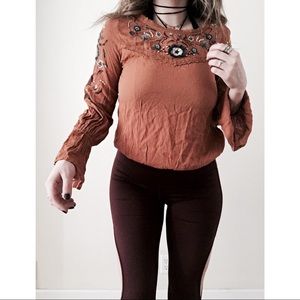 Boho Floral Embroidered Bell Sleeve Peasant Blouse